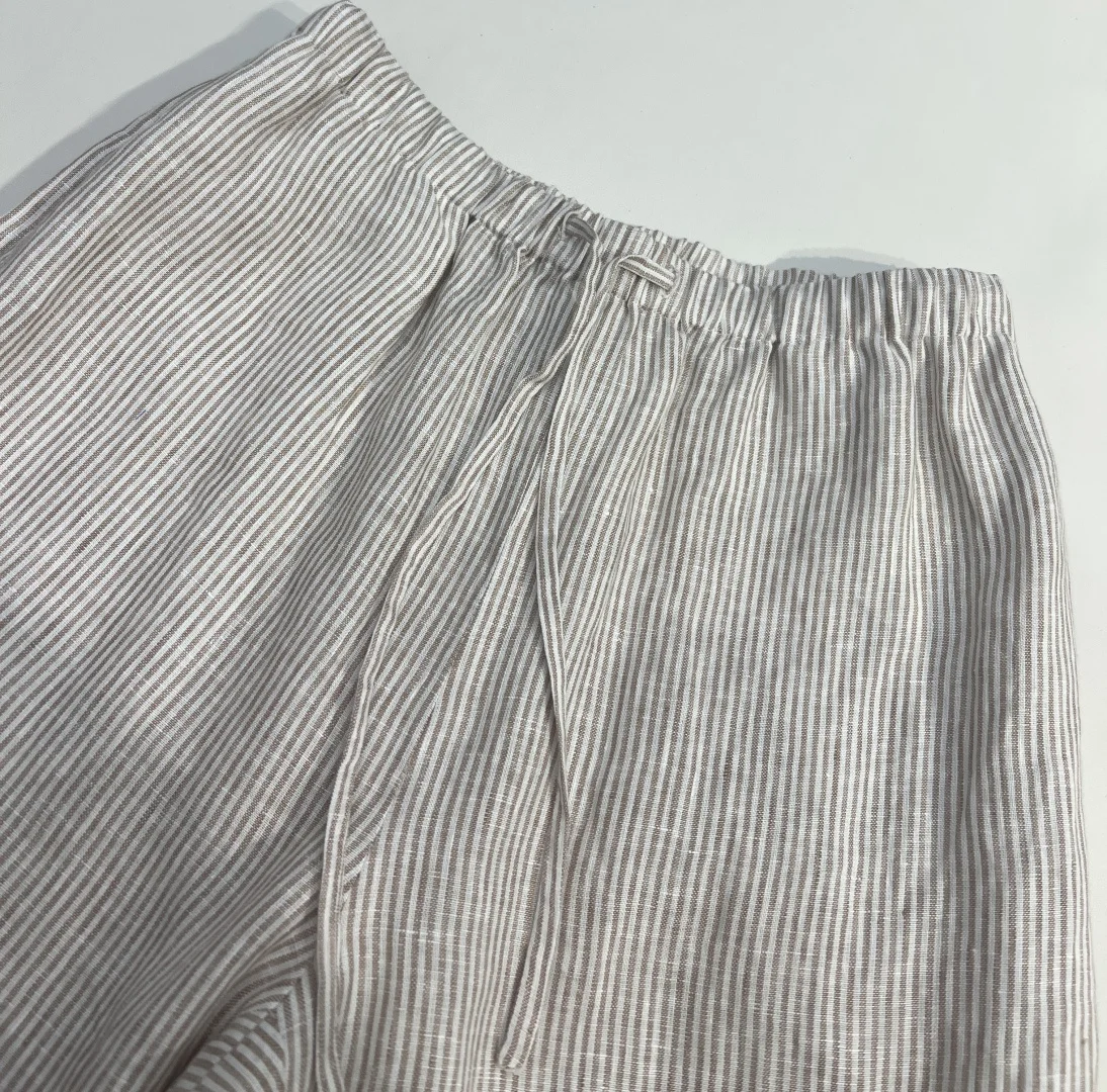 Ladies100% Linen Striped Long Trousers Drawstring Elastic Waist Straight Casual Wide Leg Pants