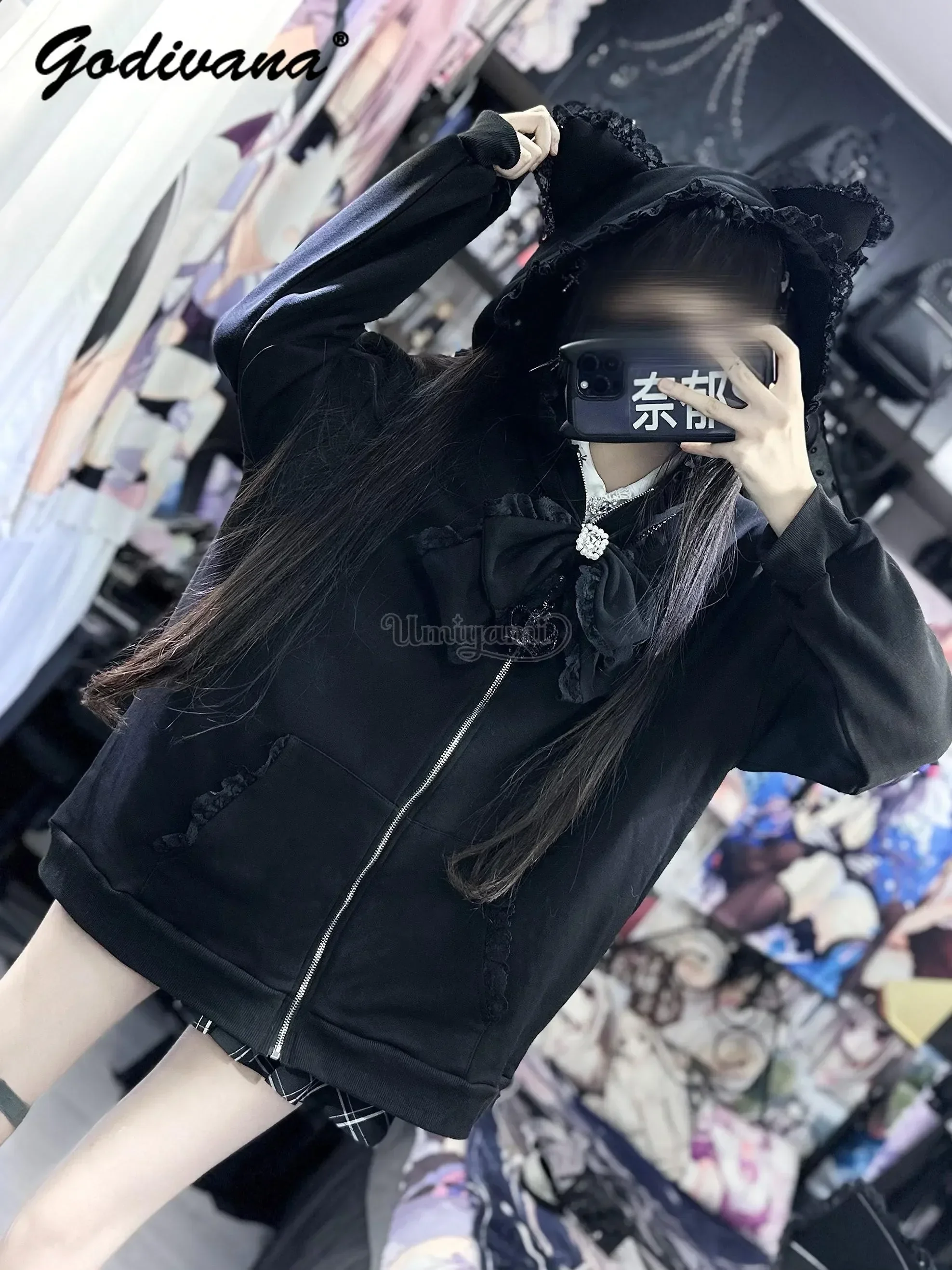 New Autumn Original Lace Cat Ears Hooded Jacket Sweet Rhinestone Bow Long Sleeve Cute Hoodie Coat Lolita Outwear