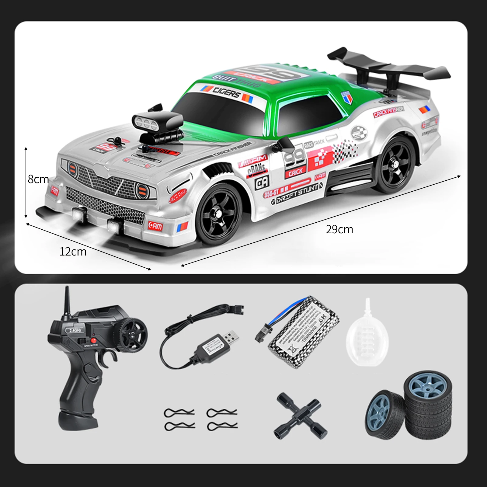 2.4GHz 4WD Remote Control Race Car Kids Remote Control Drift Car with LED Lights Tires Replaceable 1/16 Remote Control Spray Car