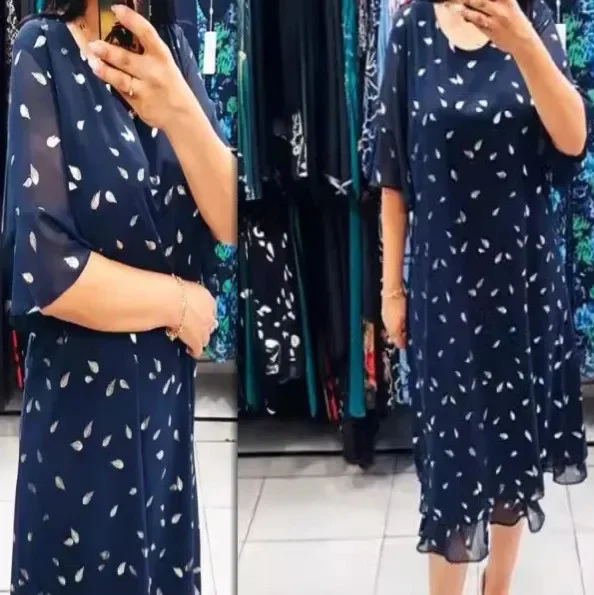 Europe And The United States Women's Elegant Temperament Large Size Chiffon Print Short-sleeved Crew-neck Patchwork Dress