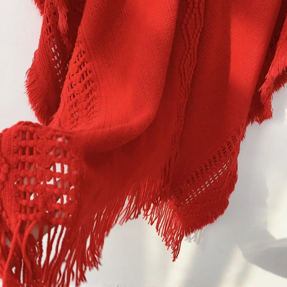 

Simple Tassel Knitted Hoodie Shawl Crochet Top Wrap Women Cloak Large Scarves Solid Color Evening Capes Female/Women
