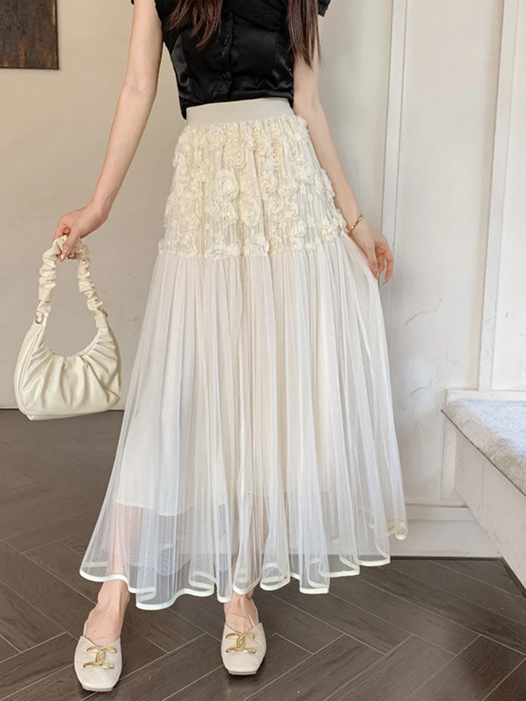 Three-dimensional flower gauze skirt women\'s spring and summer high waist A-line skirt fashion pleated skirt big swing long skir