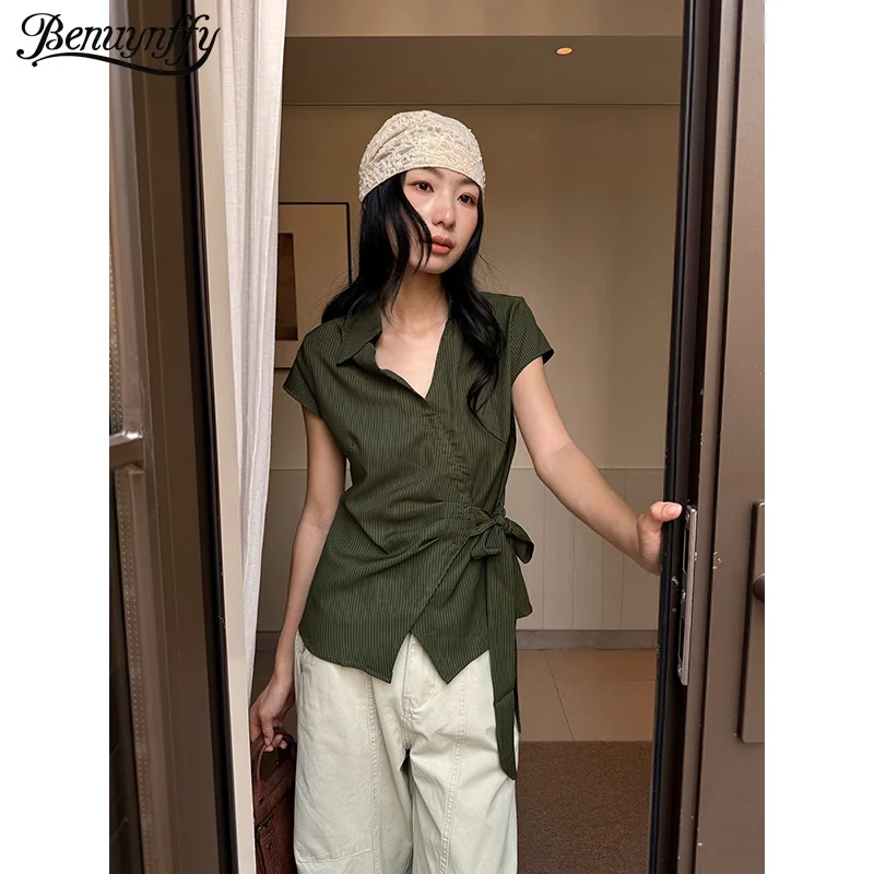 

Benuynffy Striped Wrap Tie Side Short Sleeved T Shirt Women 2026 Summer New Y2k Retro Fashion Tops Streetwear Female Clothes