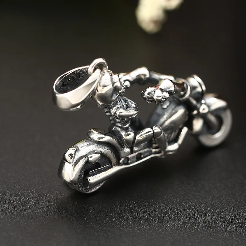 sterling silver ornament creative trendy personalized cool skull motorcycle pendant Thai silver trendy men and women pendant