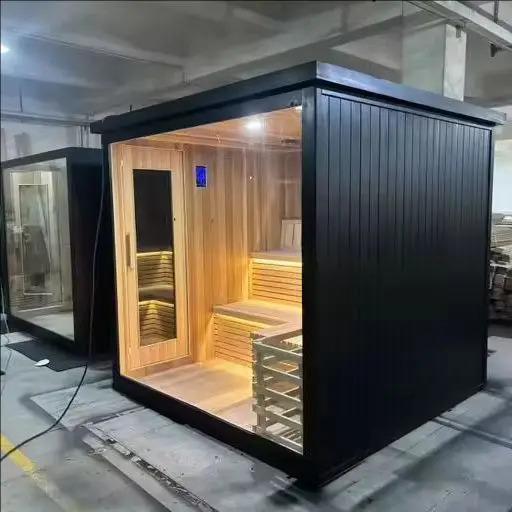 High End Wholesale Price 2-Person Outdoor Black Solid Wood Electric Sauna Room 6000W Heater Intelligent Control Modern Design 1