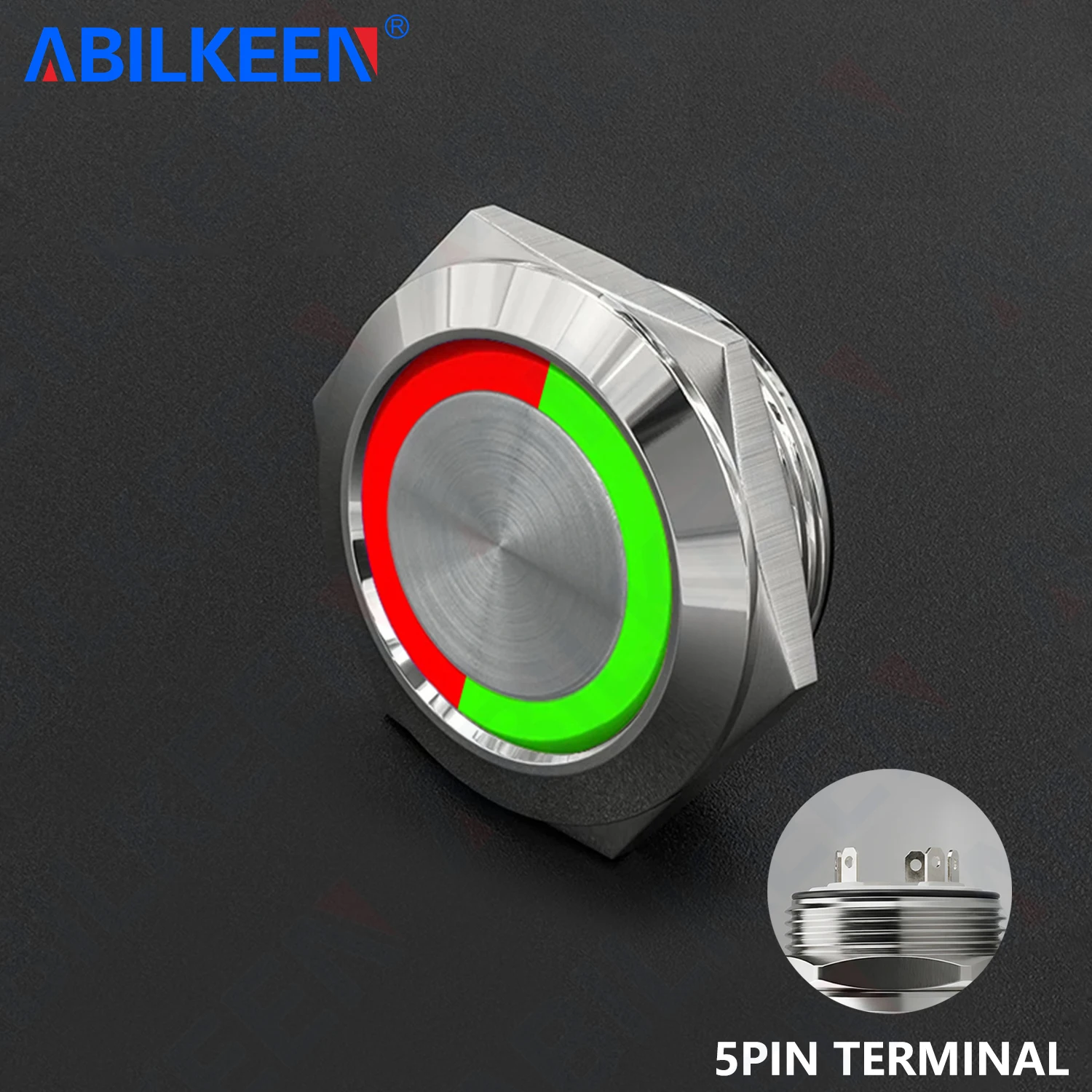ABILKEEN 22MM Red+Green Bi-Color LED Ring Light Ultra-Thin Metal Push Button Switch 1NO Momentary Push Button DC 3-6V 12-24V