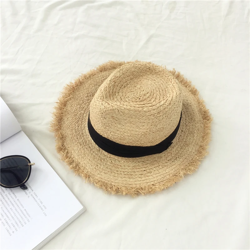 Natural Large Wide Brim floppy hat Raffia jazz Straw Hat Women Summer Fringe Beach Cap hand Weave sun Hat wholesale  beach hat