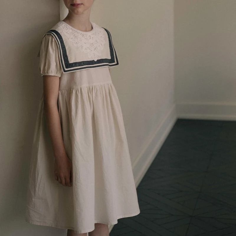 

Children's Dress26 Summer LOU Girls' Short-sleeved Printed Cotton Dress Kid Handmade embroidered wide-necked dress Holiday Dress