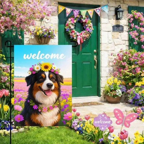 Bernese Mountain Dog Spring Garden Flag 12x18 Inch Bernese Berner Canine Flow... YYZ