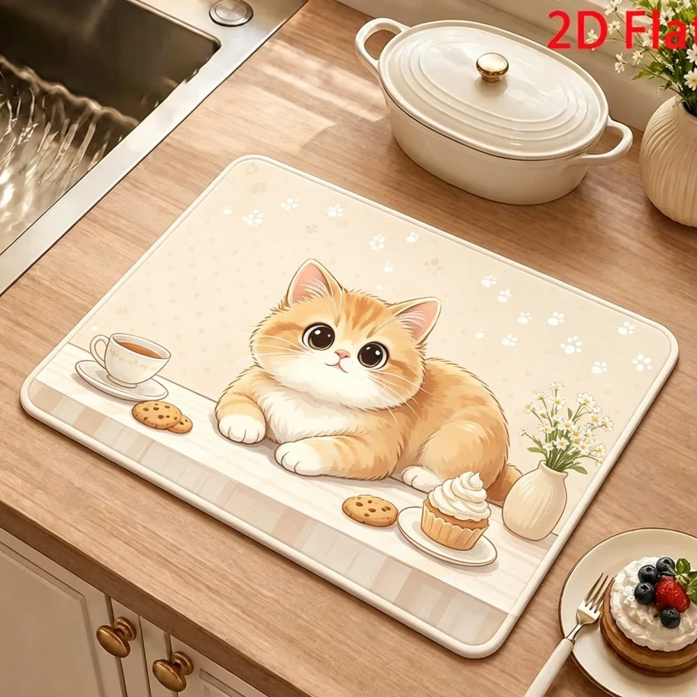 Cute Orange Cat With Cookie Dish Drying Mat Super Absorbent Kitchen Pad Waterproof Non Slip Countertop Station Holder