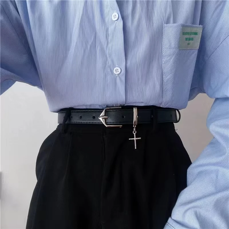 

New Korean Fashion Wild Belt Cross Pendent Chic Students Casual Retro Simple Square Buckle Slim Belt Trouser Belt Men Women