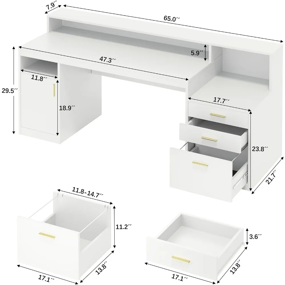 Computer Desk with 3 Drawer & Storage Shelves, Writing Study Table with Long Monitor Stand & Printer Shelf, Computer Desk