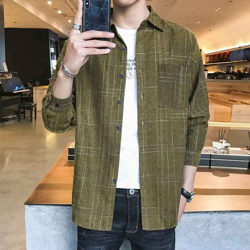 2023 Spring New Loose Oversized Men\'s Clothing Vintage Hong Kong Breeze Long Sleeve Lapel Plaid Printed Commute Simplicity Shirt