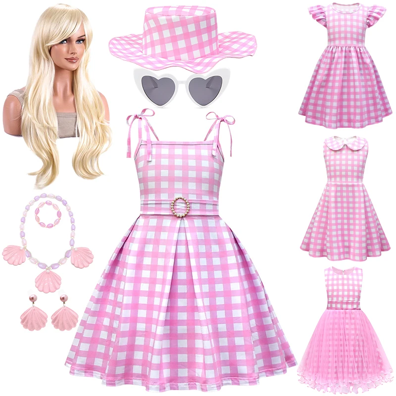 Fantasia Kids Live-action Movie Pink Barbi Plaid Print Princess Dress for Girls Children's Masquerade Party Performance Costume