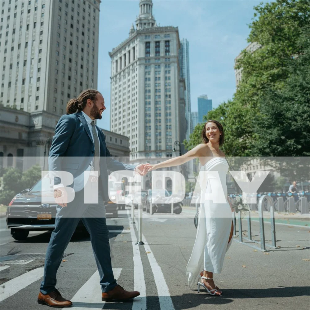 Elegante vestido de casamento curto sem alças plissado sereia fenda arco aberto volta 2025 vestido de noiva chá-comprimento vestidos de noiva personalizado