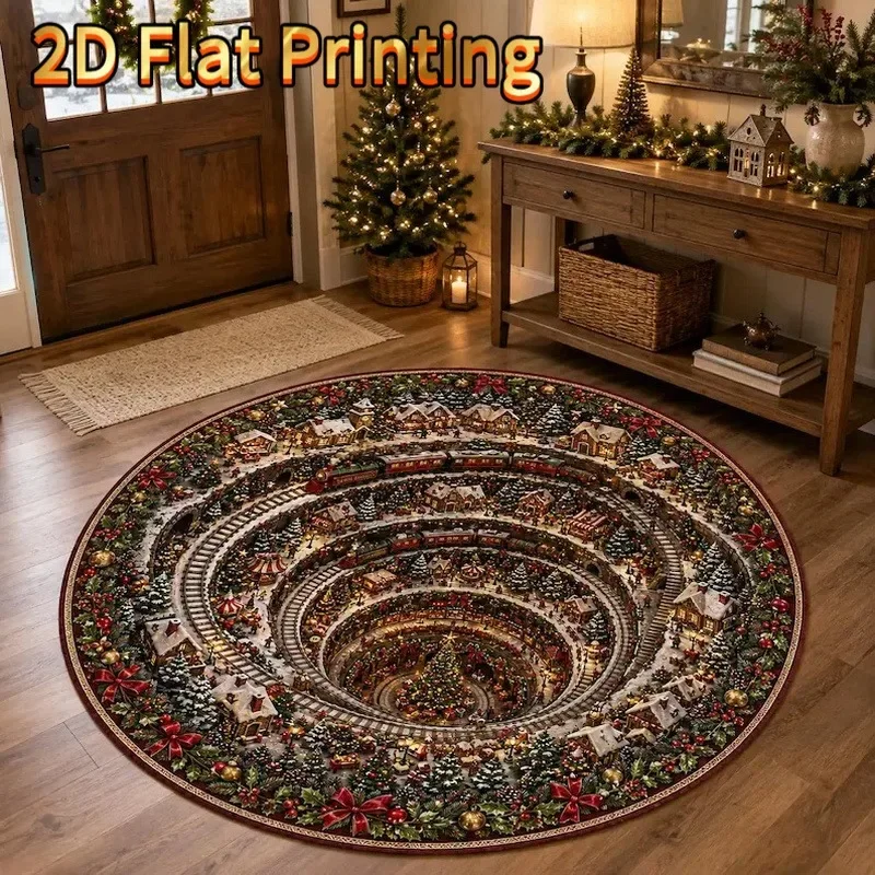 Christmas Train Town Spiral 3D Round Carpet Snow Village Tracks Hallway Decor