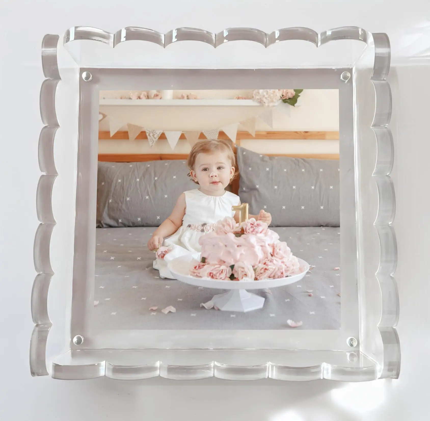 Moldura de foto acrílica transparente em forma de leque, suporte de sobremesa, bandeja de armazenamento, prato de frutas para festa, prato de frutas secas, suporte de bolo, frutas