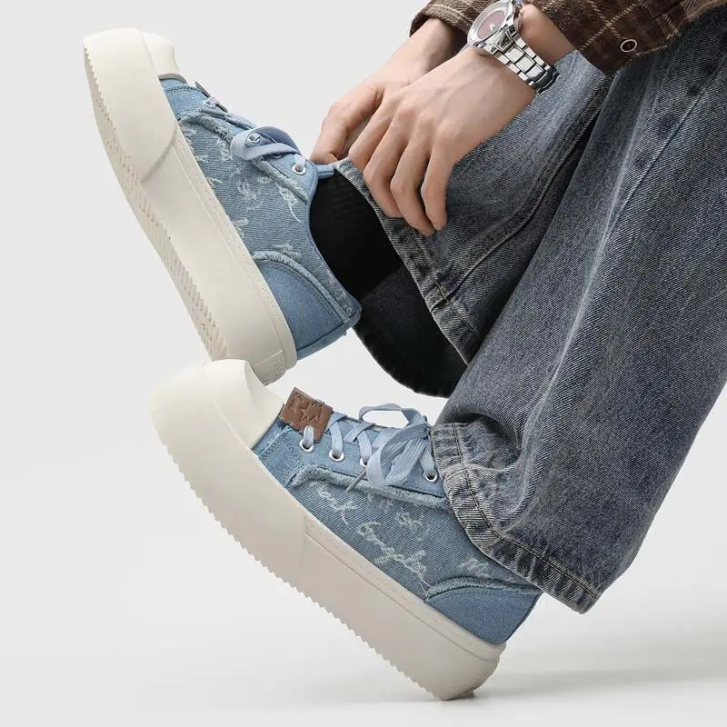 Men's Summer New Thick Sole Skate Shoes Breathable Wide Toe Denim Canvas Height Increasing Casual Fashion Sneakers