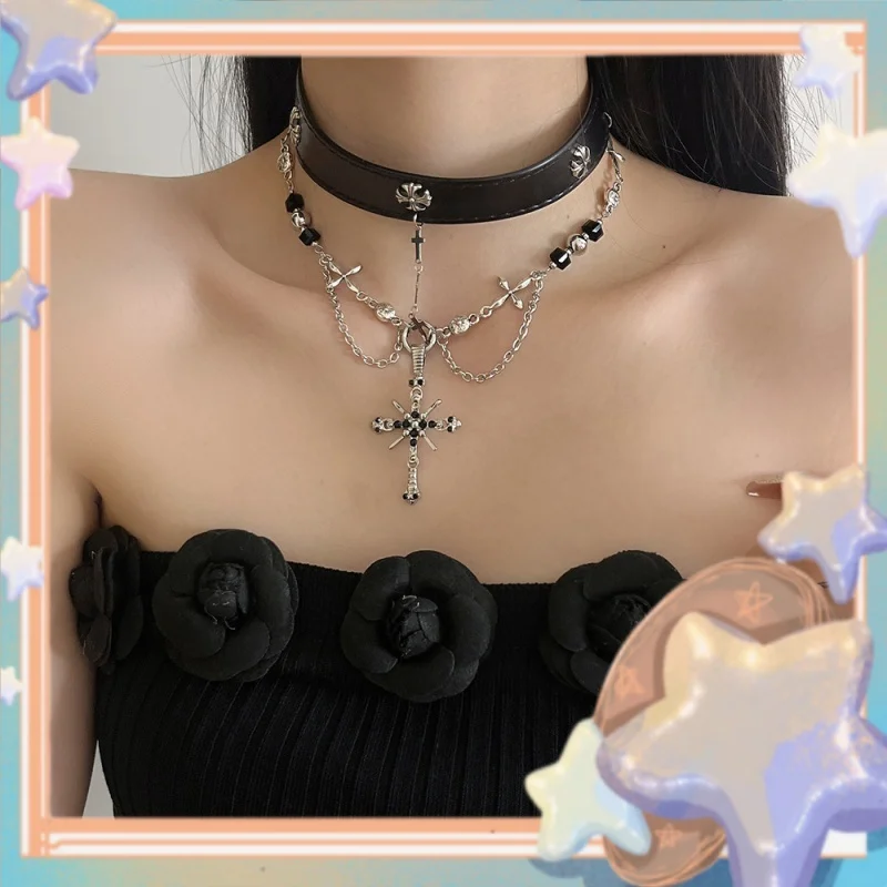 Gothic Punk Style Black Cross Leather Choker Necklace Boy Girl Fashion Accessory Holiday Birthday Presents Daily Accessories