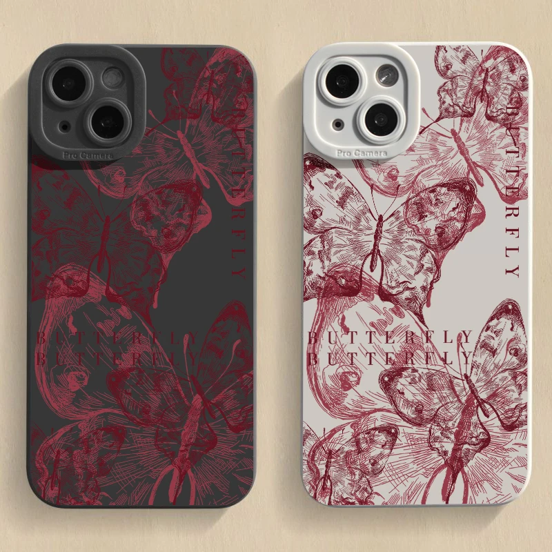 red butterfly Silicone funny Phone Case For iPhone11 12 13 14 15Pro Max XS X XR 7 8 15 Plus SE 2020 Camera Lens Protection Cover