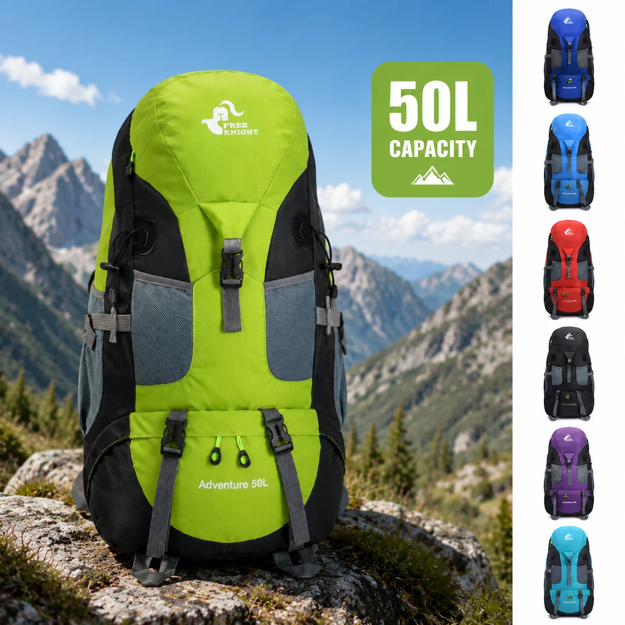 

50L Hiking Backpack Water-Resistant Polyester Multi Pocket Outdoor Rucksack with Adjustable Shoulder Straps for Travel Men Women