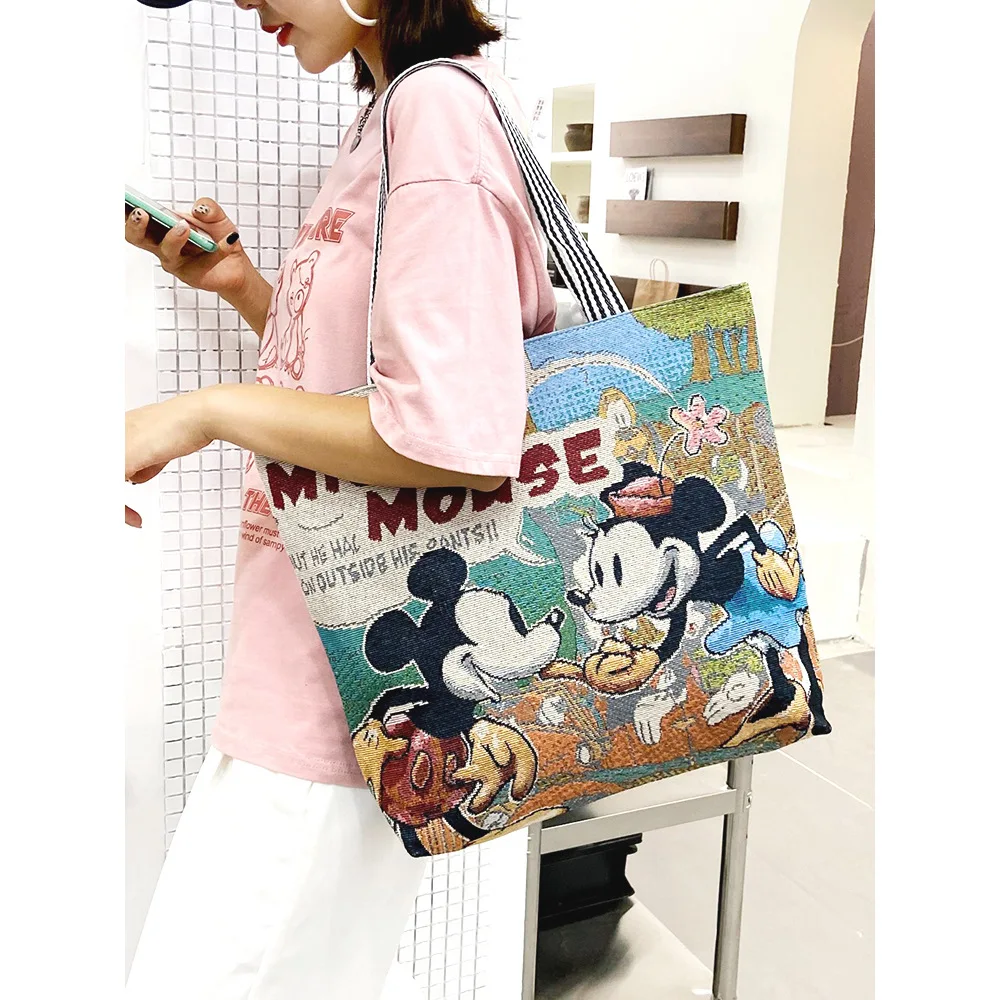 

2026 new Mickey, Shi Dizai shoulder bag leisure work tote bag canvas bag girl cartoon embroidery bag handbag. bags for women