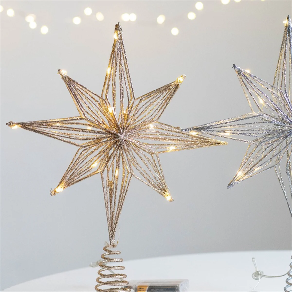 Adornos para árbol de Navidad, lámpara LED de estrella, adornos navideños para el hogar, adornos de árbol, luz de árbol de estrella de ocho puntas, oro champán