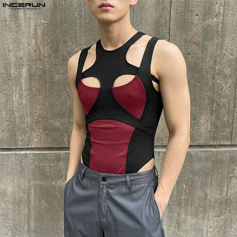 INCERUN Herren-Bodysuits, Tank-Tops, Patchwork, Farbblock, ausgehöhlte Overalls für Herren, Playsuits, Tops, sexy ärmelloser Body, S-3XL