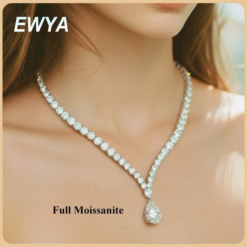 

EWYA Luxury Pear Cut Full D Color Moissanite Tennis Neck Chain Woman s925 Silver All Lab Diamond Party Bridal Necklaces Gift