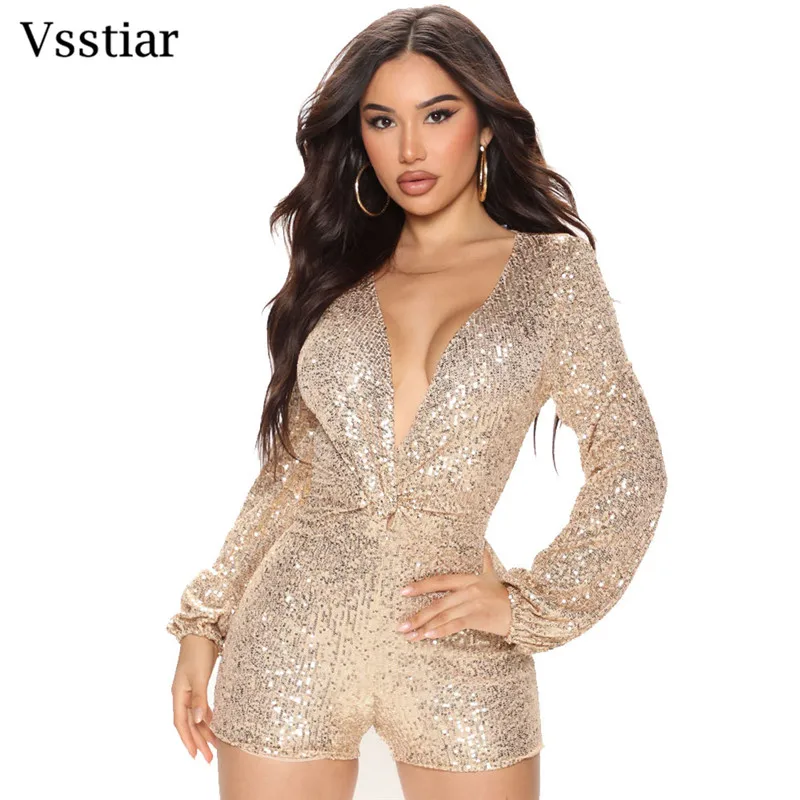 

Vsstiar Elegant Sequins Women Playsuits Deep V Neck Long Sleeve Bodycon Rompers Glitter Fashion Birthday Party Club Bodysuits