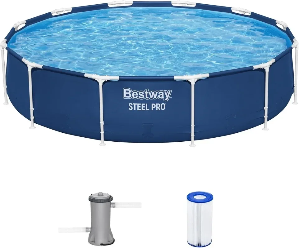 Bestway Steel Pro 12 feet x 30 inches Round Above Ground 1,710 Gallon Pool Set with DuraPlus Liner, 530 Gallon Pool Filter