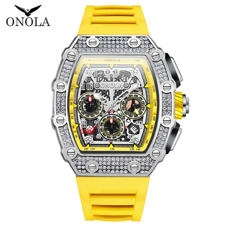 ONOLA Fashion Automatic Watch For Mens Ice Diamond Waterproof Luminous Auto Date Sport Silicone Strap Hinery Man Clock