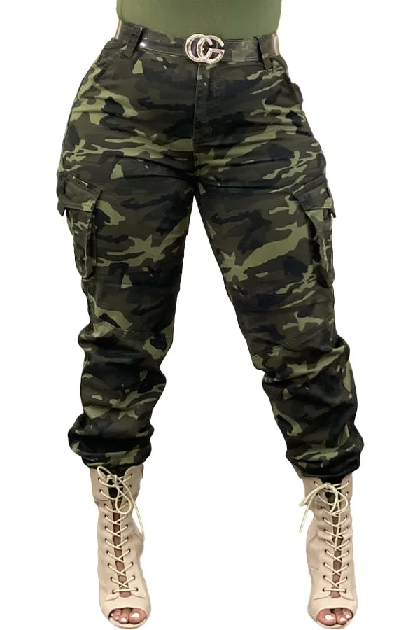 Women Cargo Pant Long Pants Slim Fit Sexy Print Camouflage Tight Waist Sheath Casual Regular Pockets Splice Trousers Summer