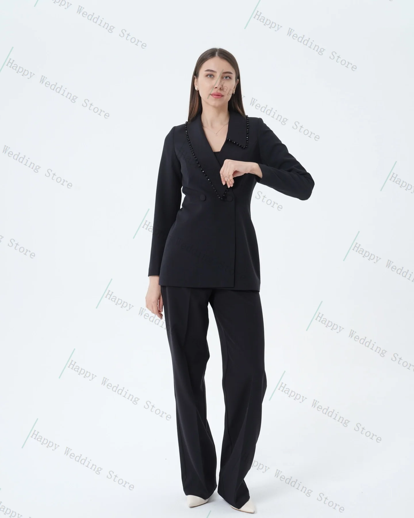 

Black Women Suit Set 2 Pcs Stone Blazer+Cotton Pants Formal Business Office Lady Jacket Customized Wedding Guest Party Coat