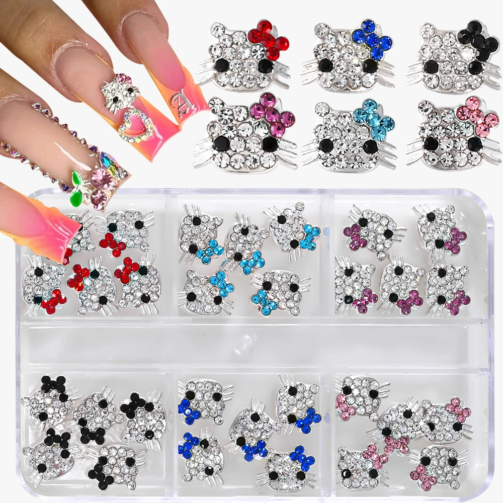 30pcs/Box Hello Kitty Nail Charms 3D Cute Cartoon HelloKitty Rhinestone Crystal Nail Accessories For Women DIY Luxury Nail Decor