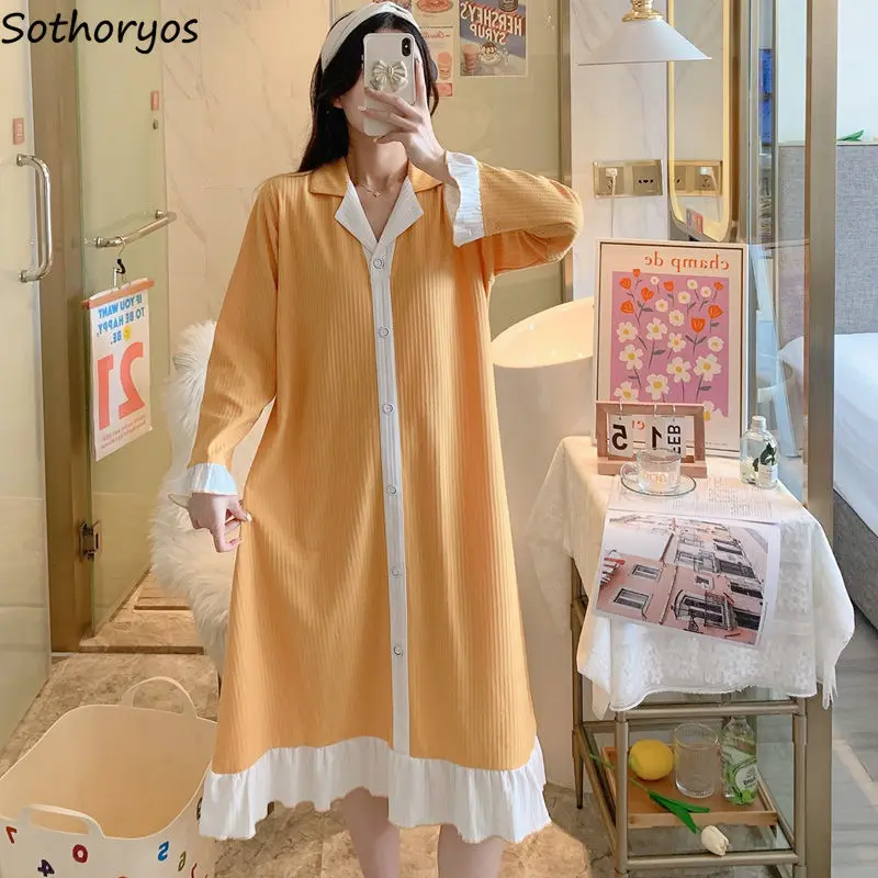 Women Nightgowns Ruffle Long Sleeve V-neck Over Knees Sleepwear Comfortable Buttons Sweet Sleepshirts Home Cute Candy Colors New