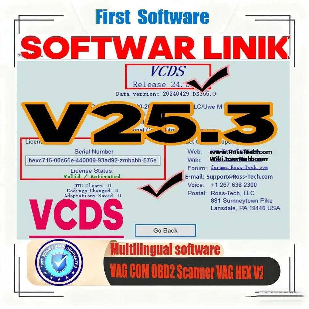 VCDS 2025 VAG COM OBD2 Scanner VAG HEX V2 Interfaccia USB Software di aggiornamento Strumento multilingue per la maggior parte dei marchi di automobili VIN illimitati