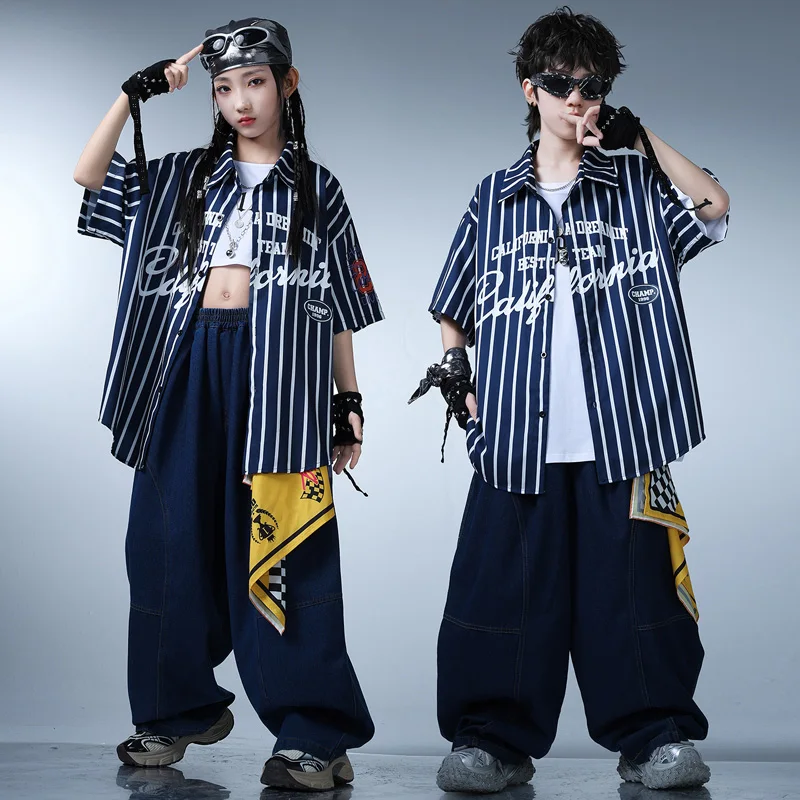 Group Kpop Hip Hop Clothing White Striped Short Sleeve Shirt Top Denim Blue Cargo Jeans Pants Street Dance Costume