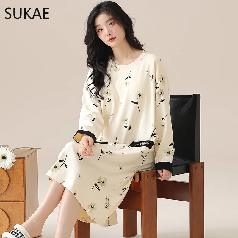 SUKAE 여성용 긴 잠옷, M-5XL 플러스 사이즈 풀오버, 루즈 브라, 패딩 잠옷, 코튼 잠옷, 레저 셔츠, 가을 용수철