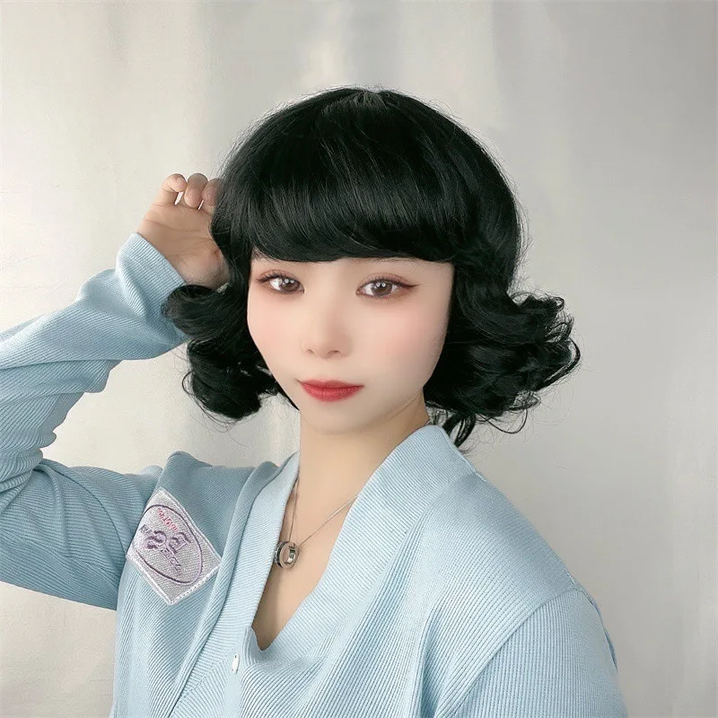 Wig women, medium-length curly hair with bangs, pear-shaped hairstyle, egg roll style, suitable for middle-aged and elderly