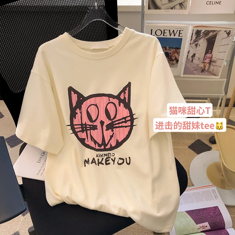 

Summer New Cotton Cute Cat Printed Short-sleeved Women T-shirts Streetwear Round Neck Women Loose Cartoon T Shirt Y2k Tops