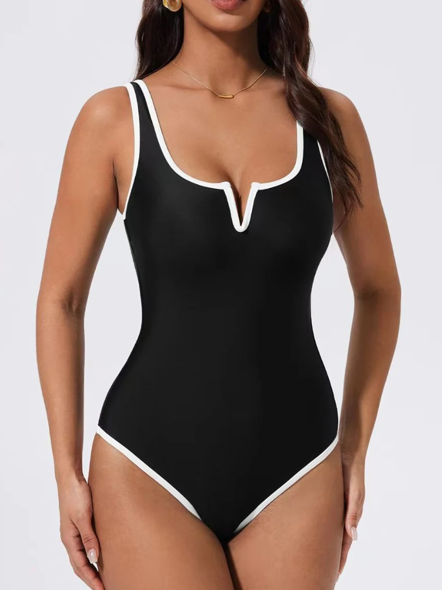 

2026 Sporty V-Wire Swimsuit Women One Piece Slim Swimwear Female Solid Bathers Bathing Swimming Swim Suit Beachwear XXL