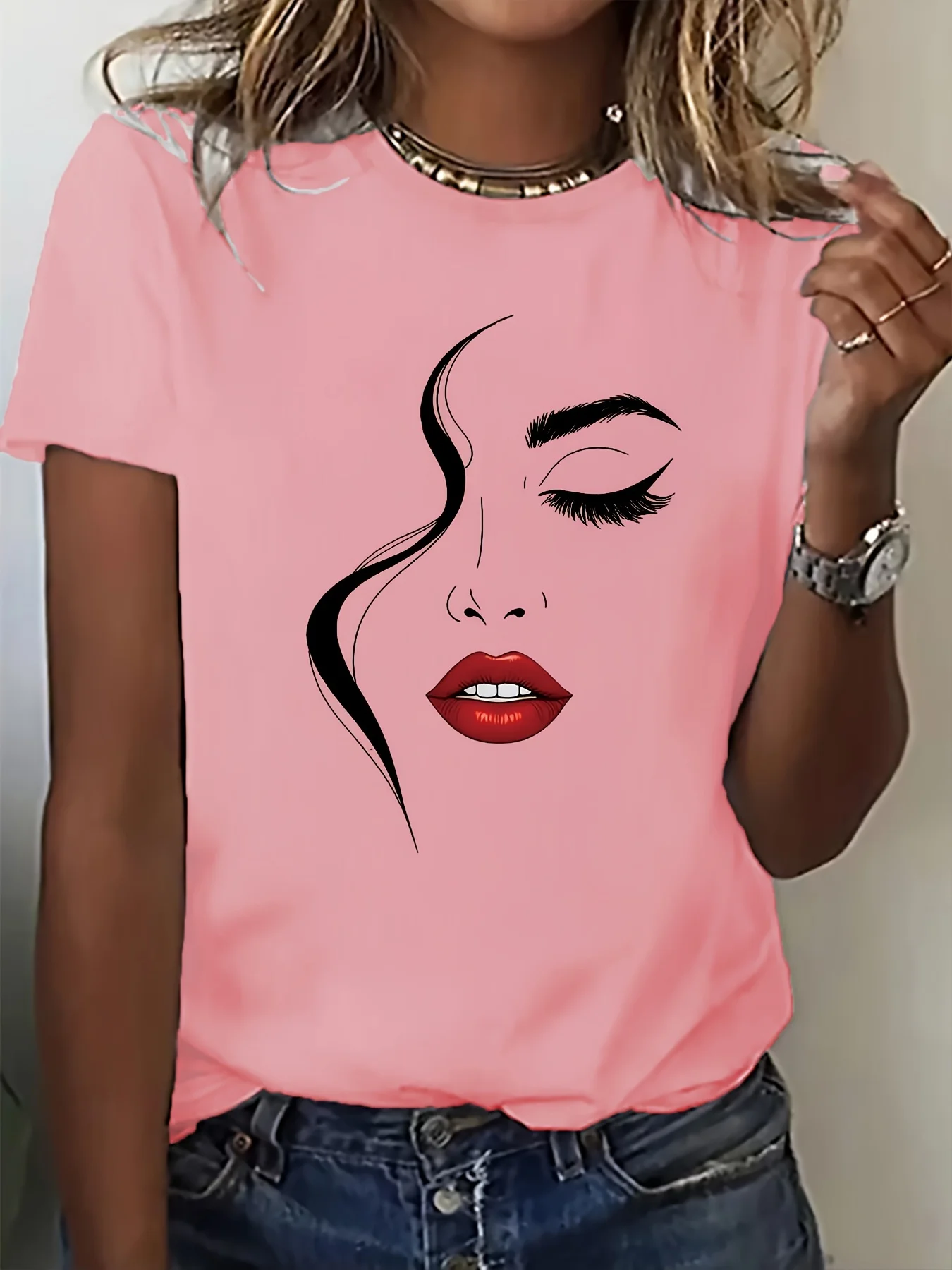 Ladies' Cute Portrait Face Pattern T-shirt Daily Leisure Beach Ladies' Daily Summer Top Comfortable Version Short Sleeve Trendy