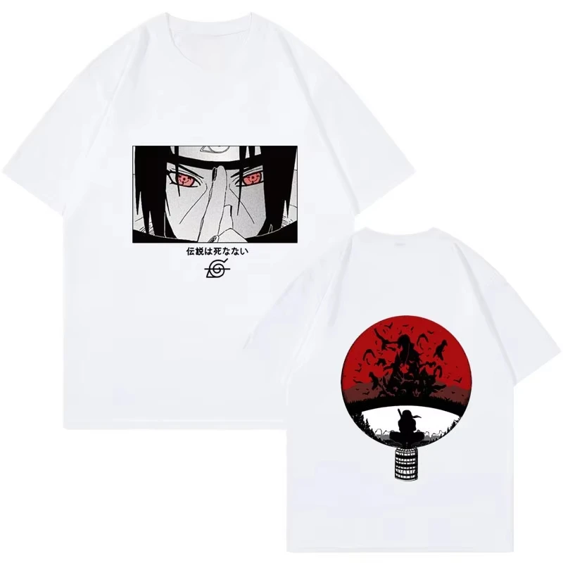 Naruto Uchiha Itachi Anime T-Shirt für Männer und Frauen, Sharingan-Druck vorne und hinten, lässiges, übergroßes Streetwear-T-Shirt in Weiß