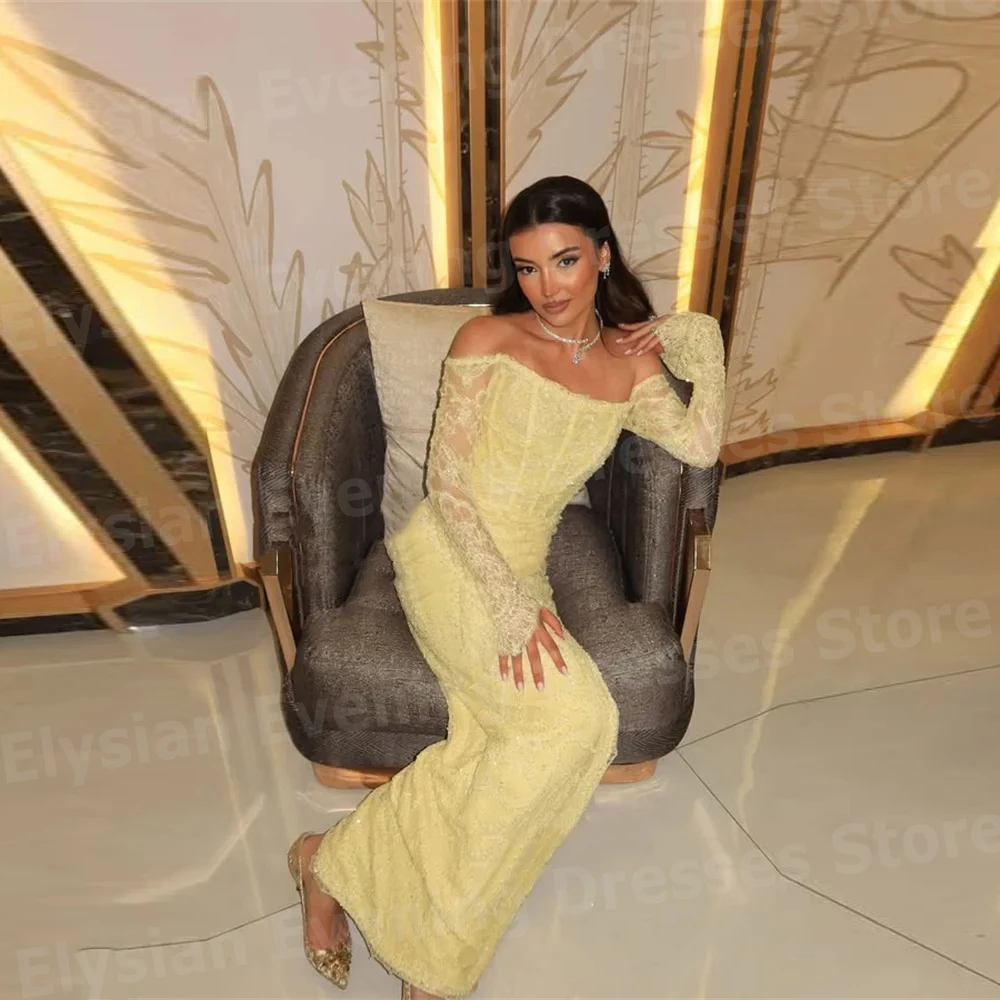 Shiny Elegant Women's Mermaid Evening Dresses Off Shoulder Customized Long Sleeve Lace Prom Gowns Vestidos Para Mujer Elegantes