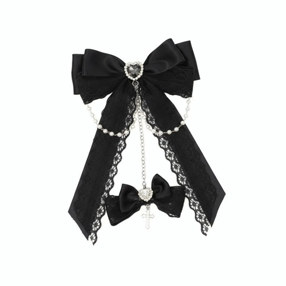 

Lace Design Gothic Hair Clips Rhinestone Decoration Bow Shape Lace Bow Hair Clips Cross Pendant Chain Detail Hair Clip