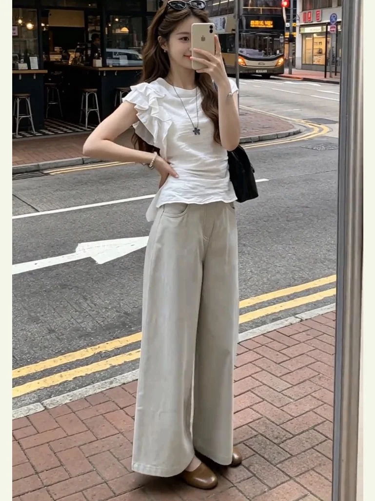 

Chic Commute Style plus Size Women's Fashion Set High Waist Wide Leg Pants Meat Concealing Top Trendy Korean round Neck Suit