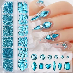 SS4-SS16 lago azul joyería de lujo para uñas Dimond 3D forma mixta cristal brillante diamantes de imitación para uñas 1 * caja piedra de manicura azul con parte posterior plana