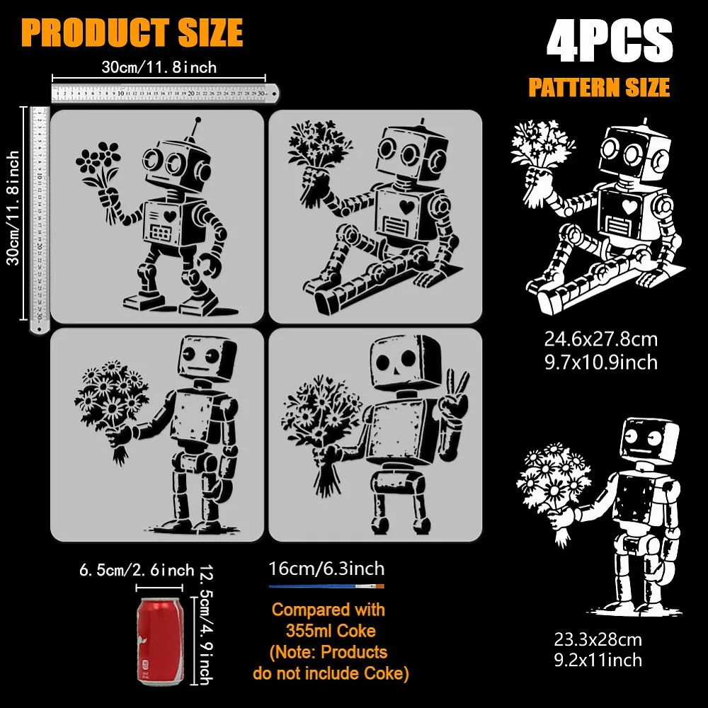 4PCS Robot Painting Stencil 11.8x11.8 Inch Robot and Flowers Stencils Reusable Templates 4 Style Graffiti Stencil with a Brush