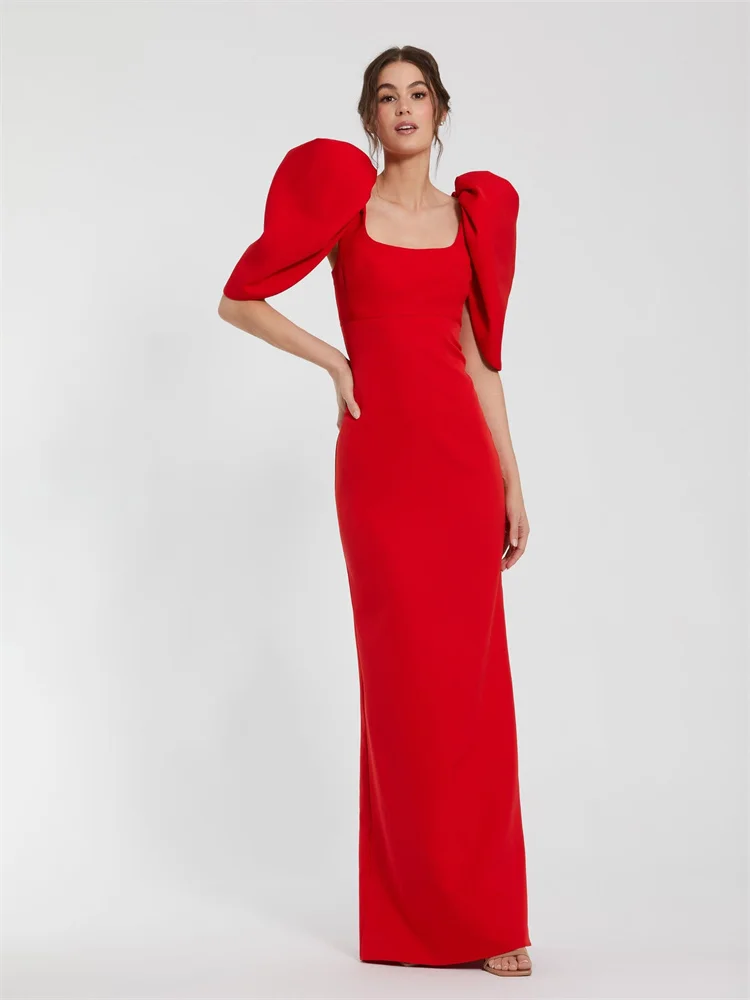 

New Arrival Scoop Neckline Puff Sleeves Crepe Straight Evening Dress Elegant Open Back Zipper Floor Length Gown For Women 2024